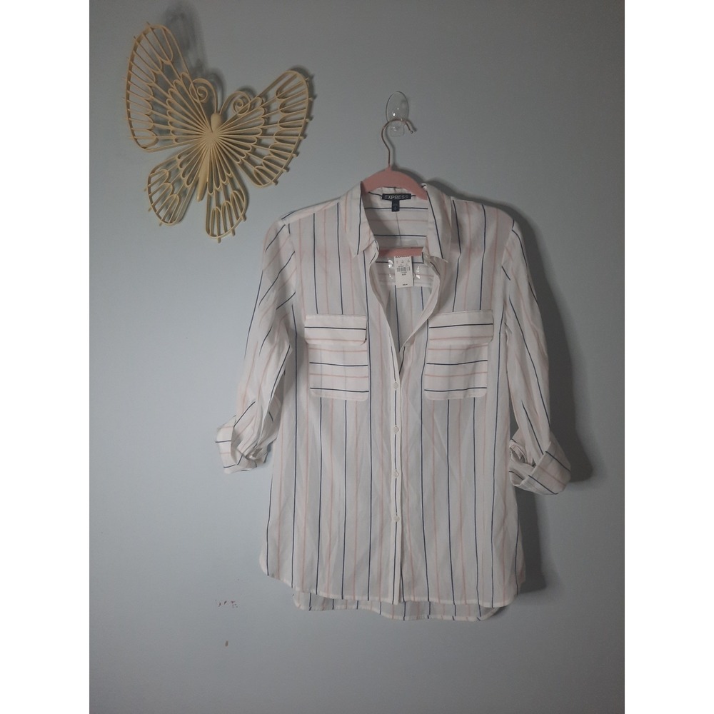 Express Womens Striped Button Down Shirt White Blue Peach Size M NWT